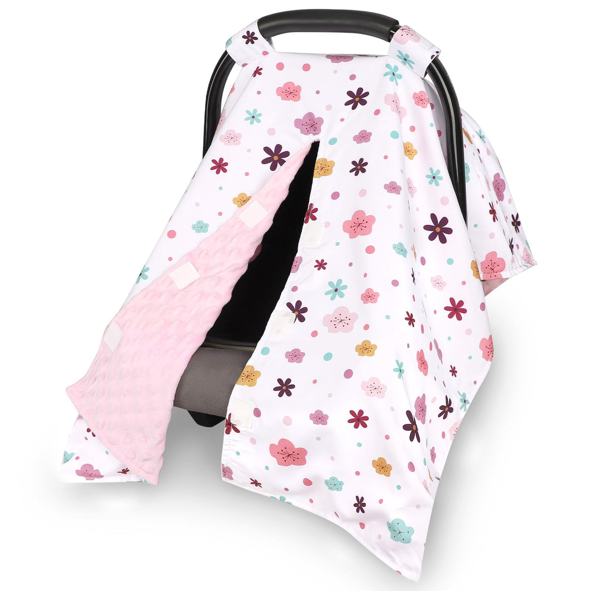 Pea Pod car seat cover floral front view with peekaboo opening for quick baby checks.