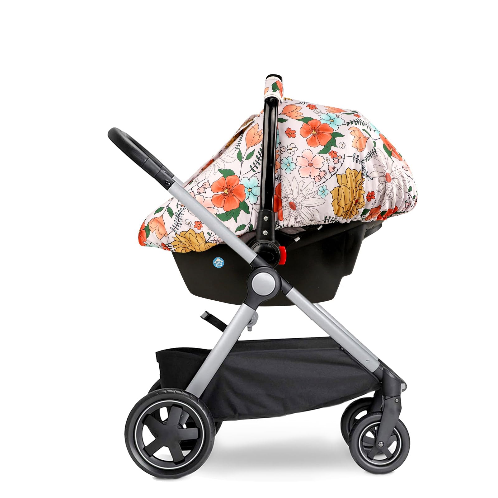 Pea Pod car seat cover floral pattern complements modern nurseries.