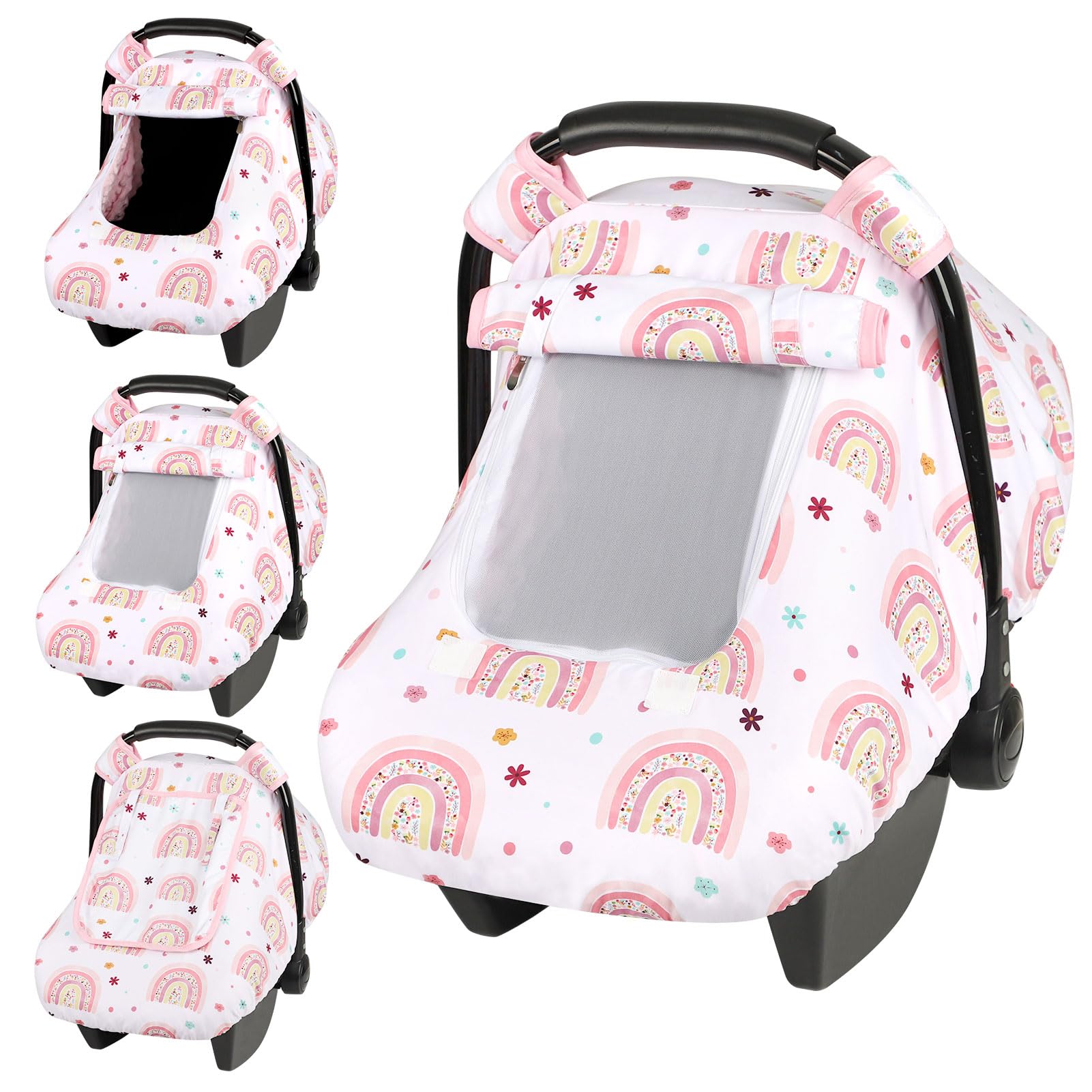 Pea Pod car seat cover rainbow pattern closeup highlights cozy fabric for baby comfort
