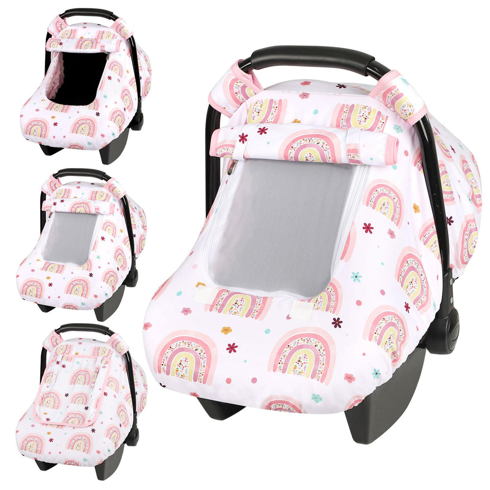 Pea Pod car seat cover rainbow pattern closeup highlights cozy fabric for baby comfort