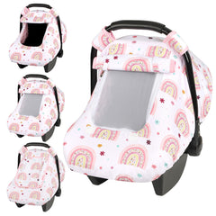 Pea Pod car seat cover rainbow pattern closeup highlights cozy fabric for baby comfort