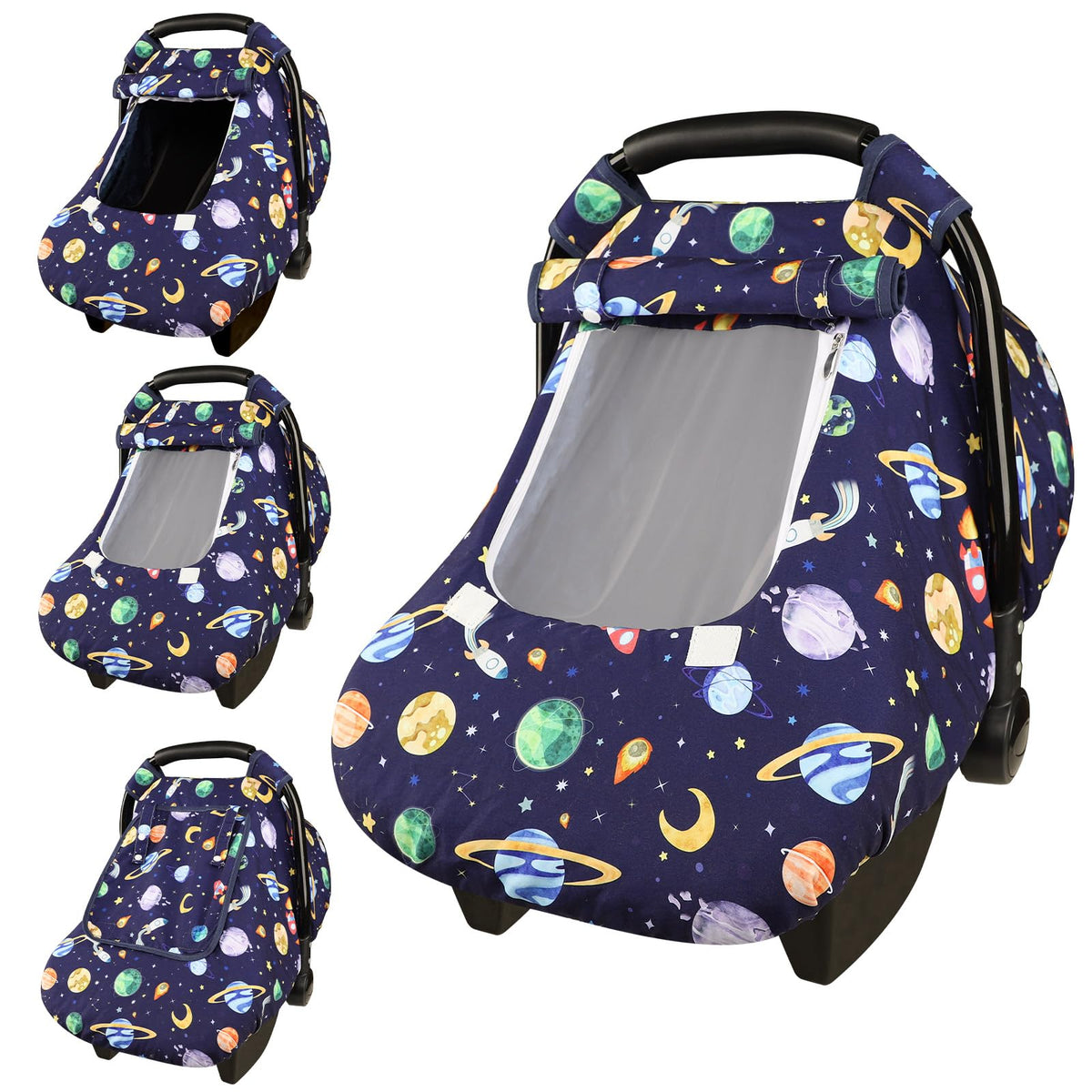 Pea Pod car seat cover with outer space pattern for stylish newborn privacy.