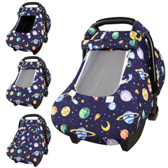 Pea Pod car seat cover with outer space pattern for stylish newborn privacy.