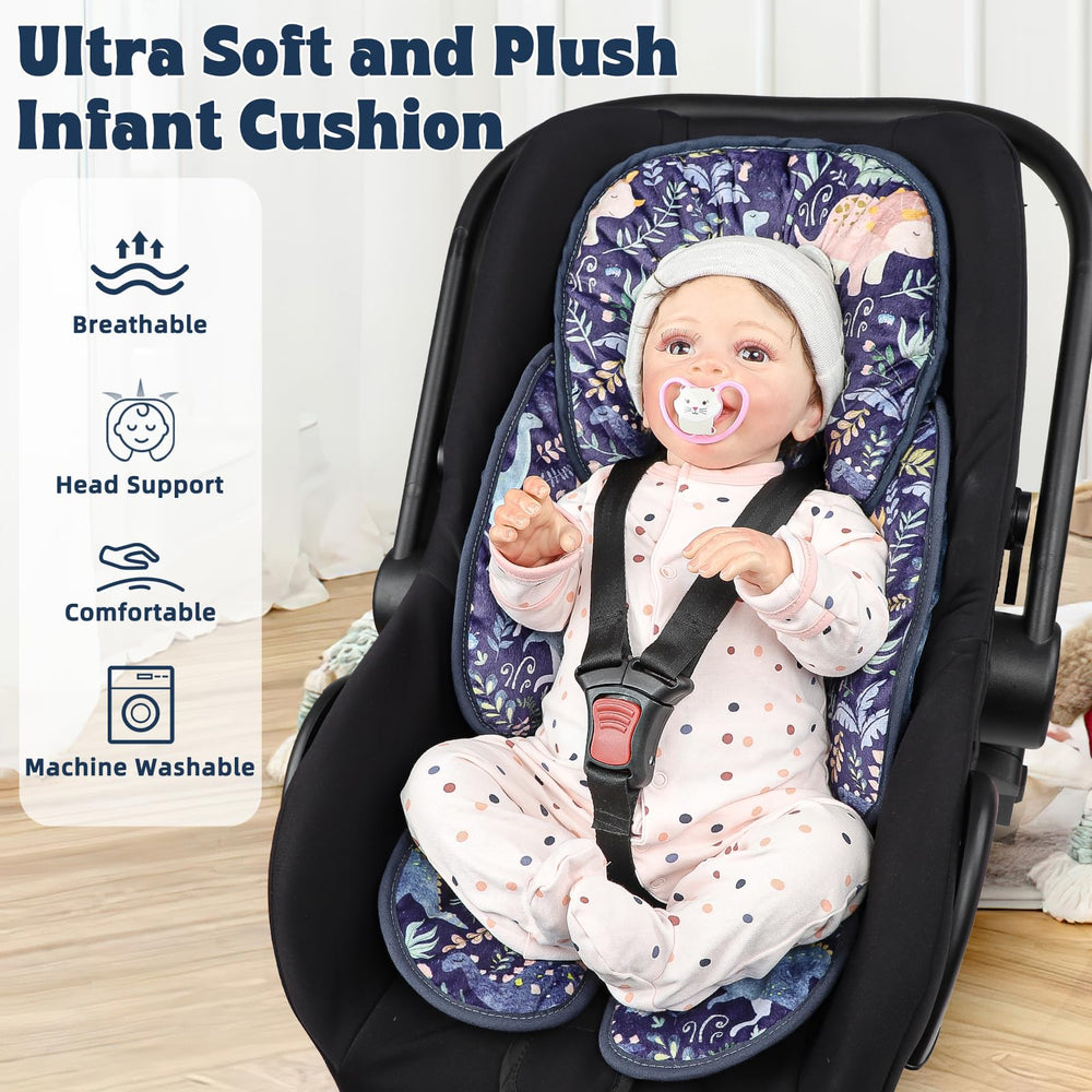 Pea Pod car seat stroller cushion with dinosaur print for on-the-go use.