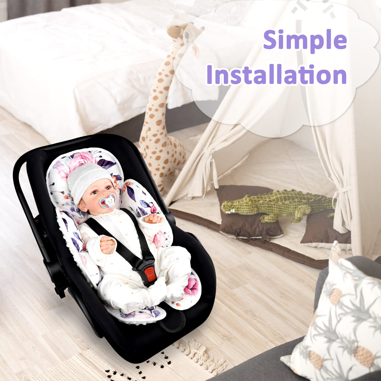 Pea Pod detachable headrest in pink floral adds flexible use.