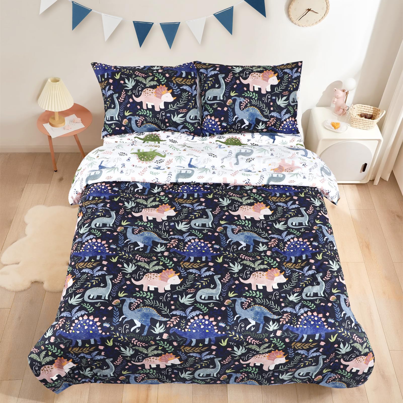 Pea Pod dinosaur toddler comforter closeup for cozy bedtime