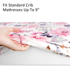 Pea Pod floral crib sheets on standard crib mattress show proper sizing.