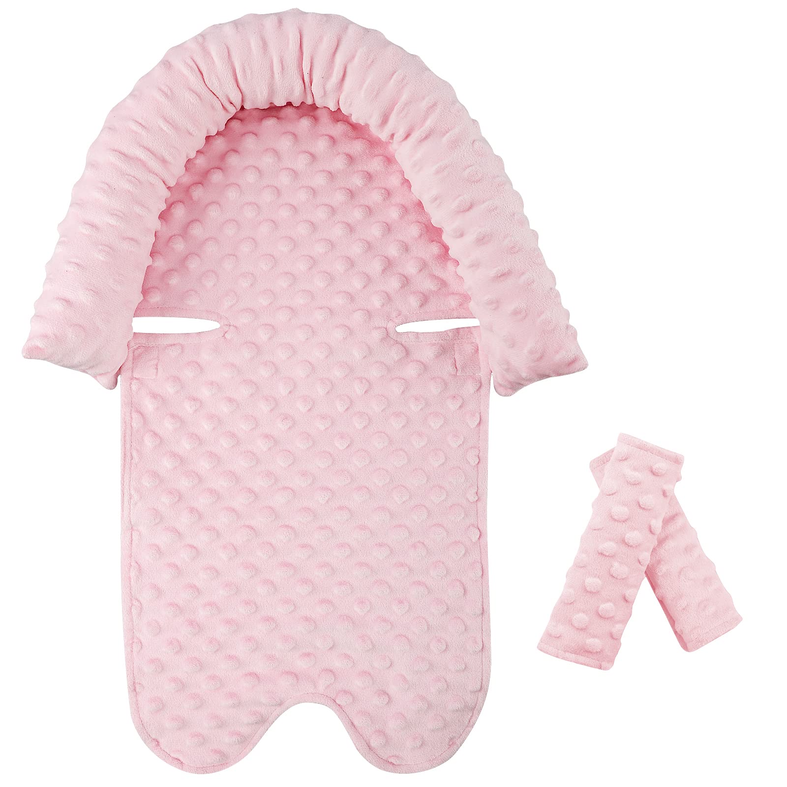 Pea Pod head support for baby in car seat provides snug neck comfort.