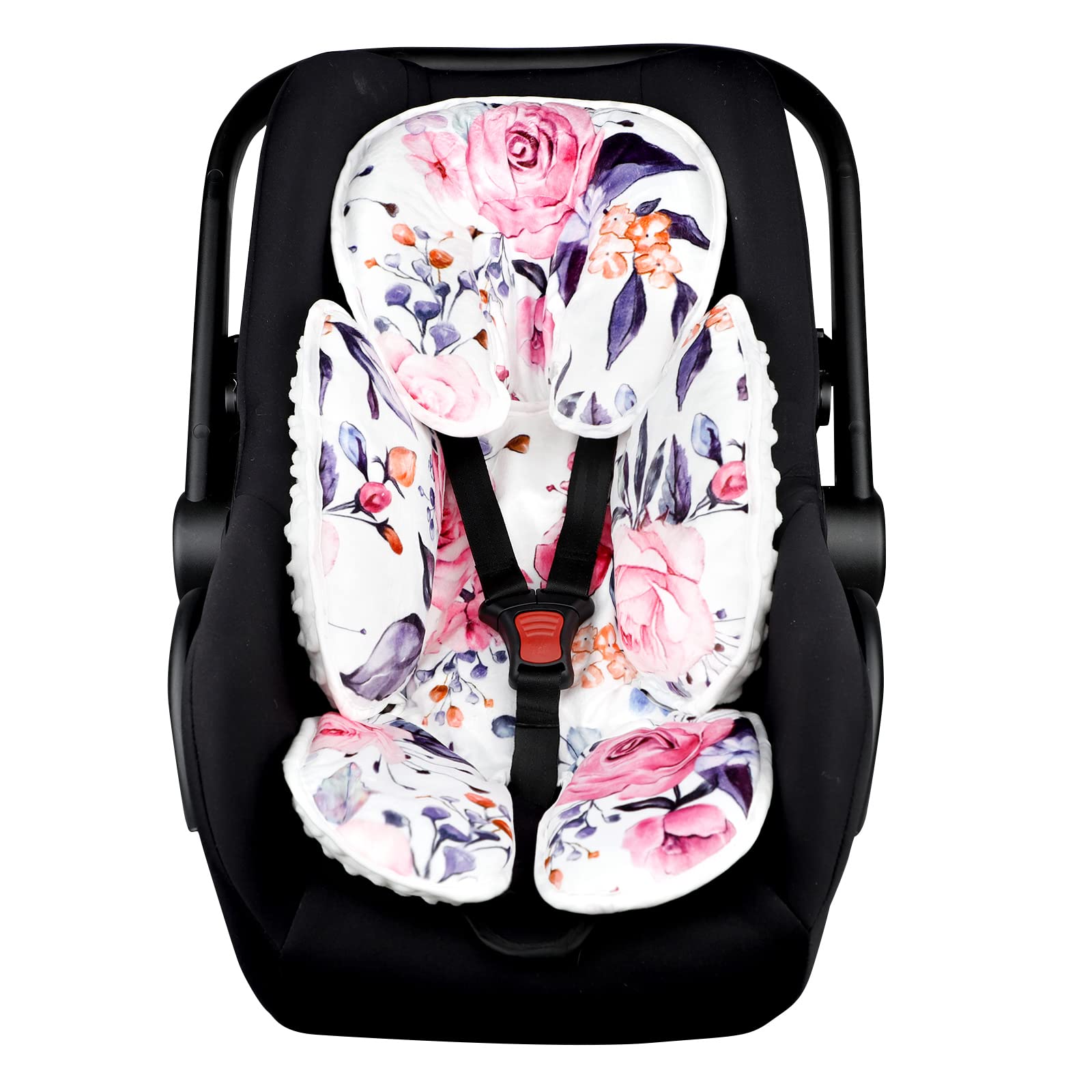 Pea Pod head support in pink floral provides gentle head stabilization for newborns.