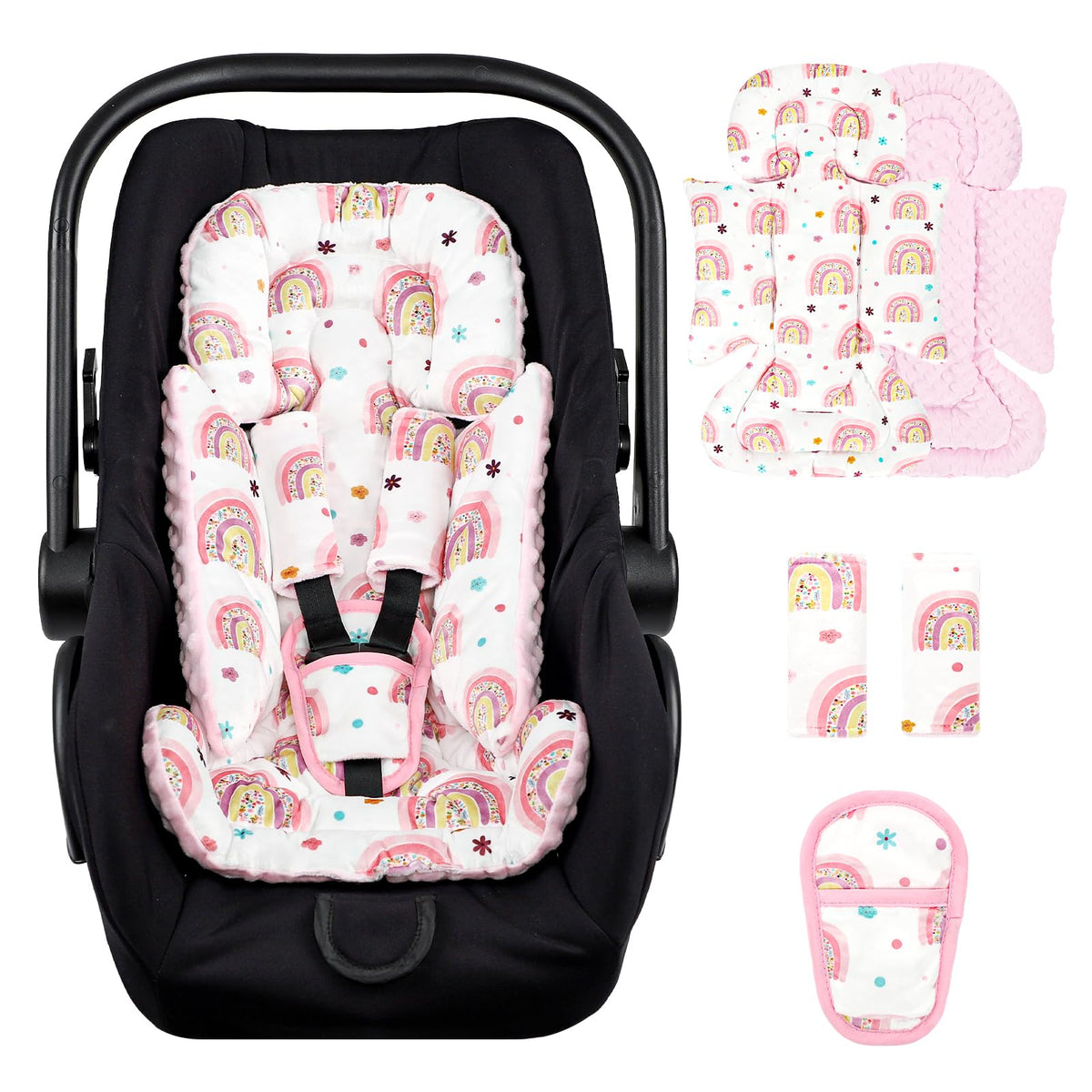 Pea Pod infant car seat insert in rainbow Minky Dot showing cozy support for preemies