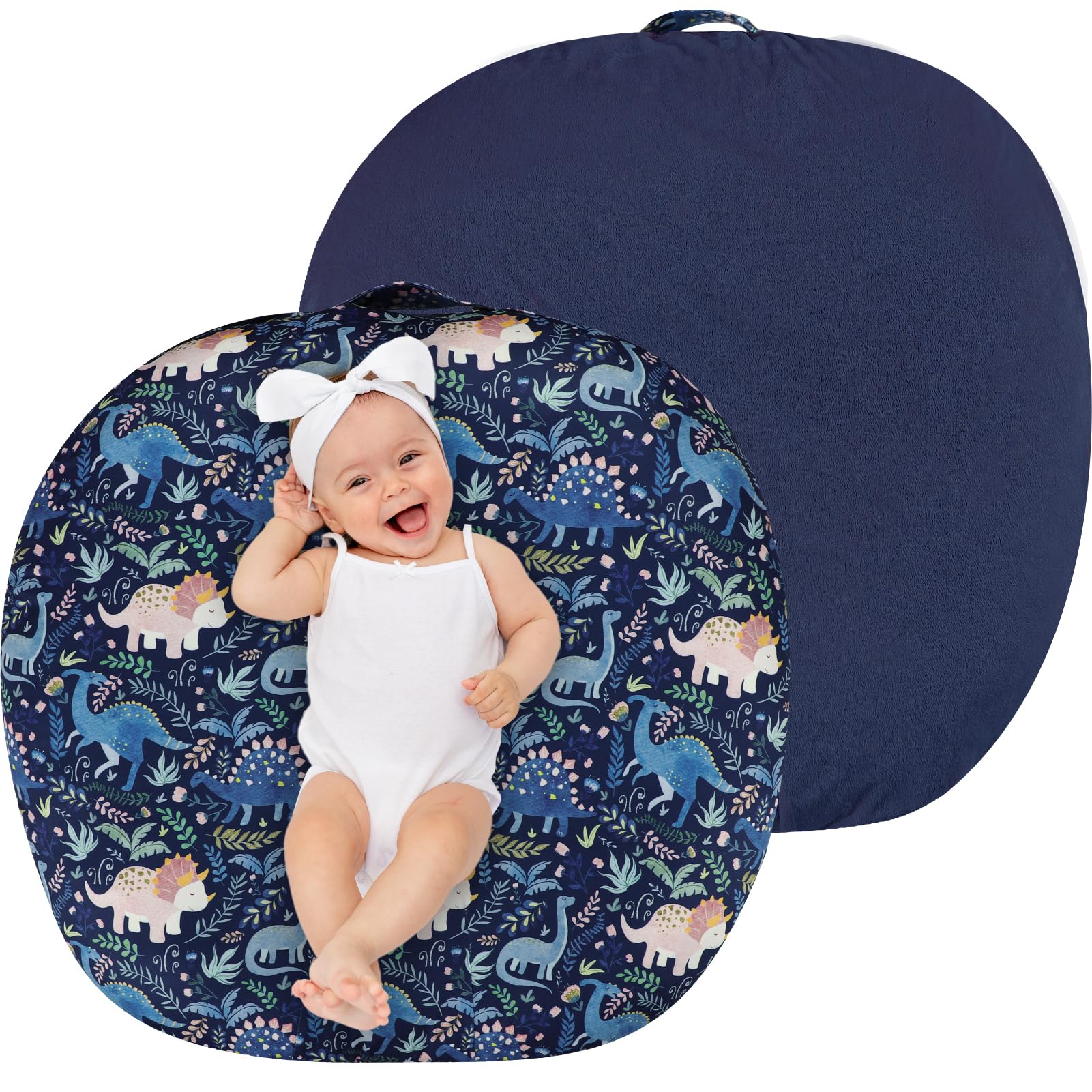 Pea Pod newborn lounger cover with dinosaur front view highlighting soft fleece material