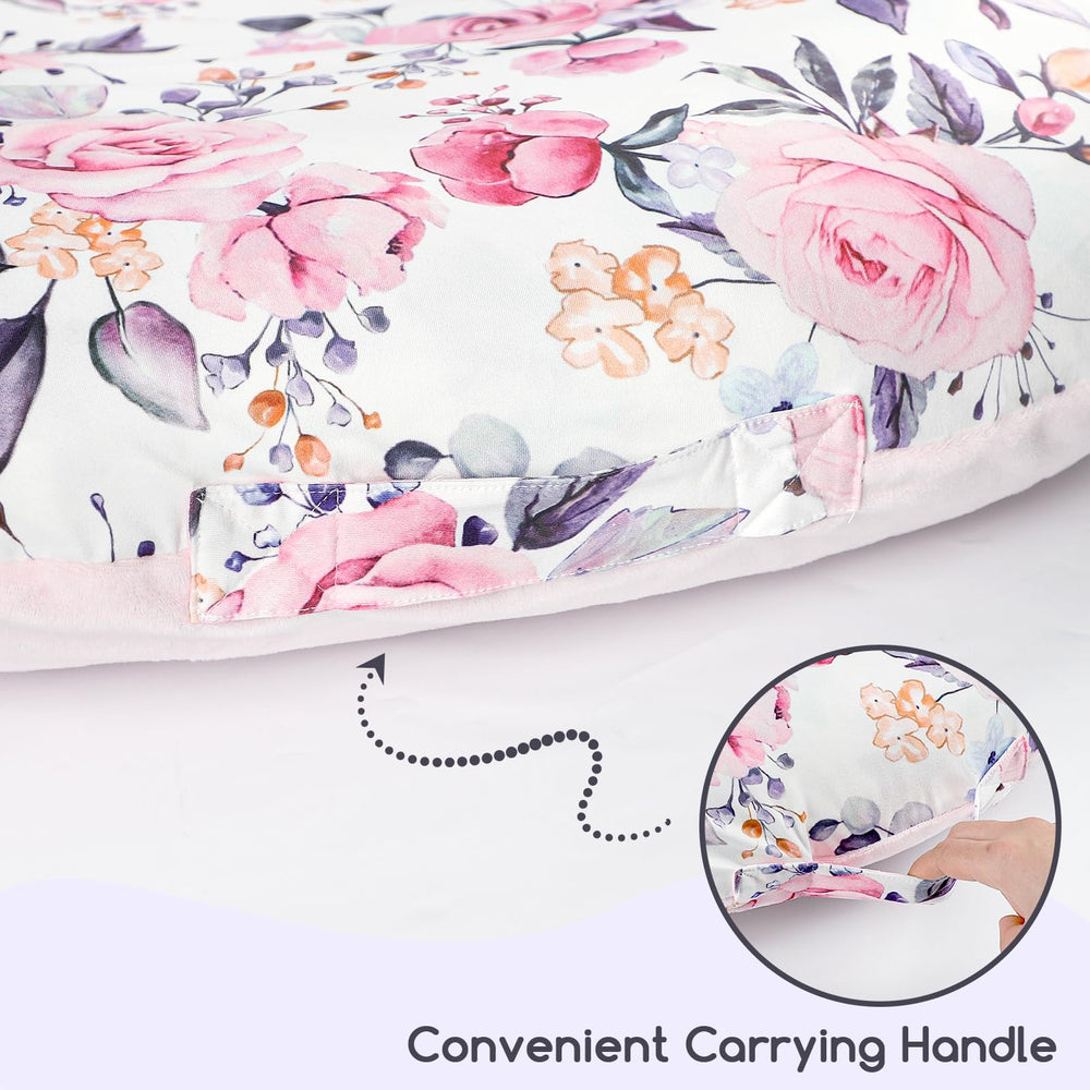 Pea Pod floral side view lounger cover highlights plush texture for soothing naps.