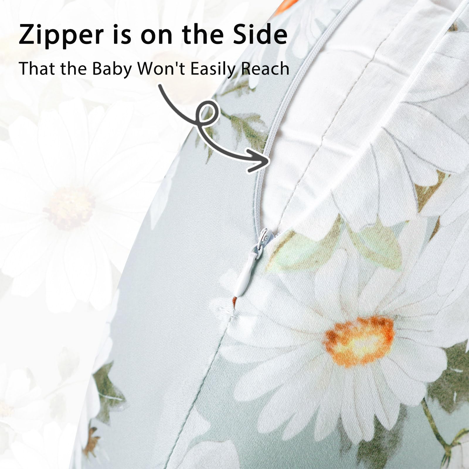Pea Pod hidden zipper closure offers easy on/off while keeping fabric smooth.