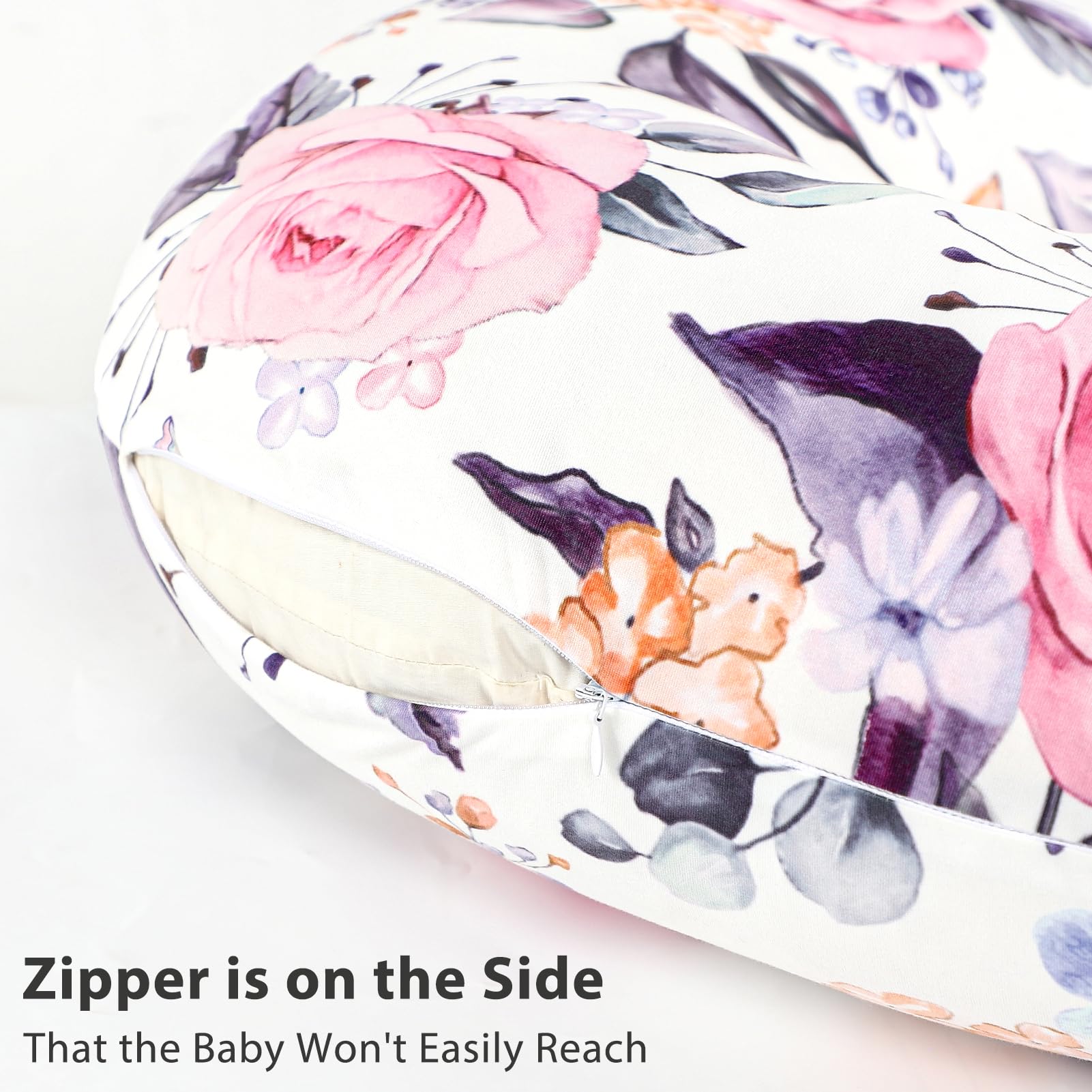 Pea Pod nursing pillow cover with hidden zipper ensures smooth removal.