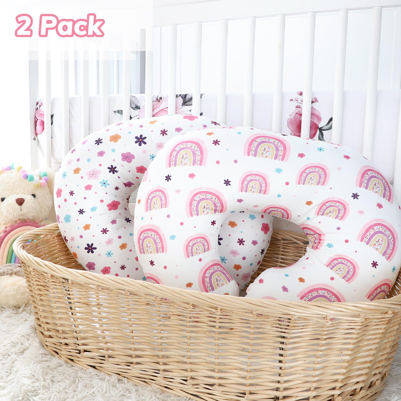 Pea Pod nursing pillow cover rainbow two-pack ensures ready-clean cover options.