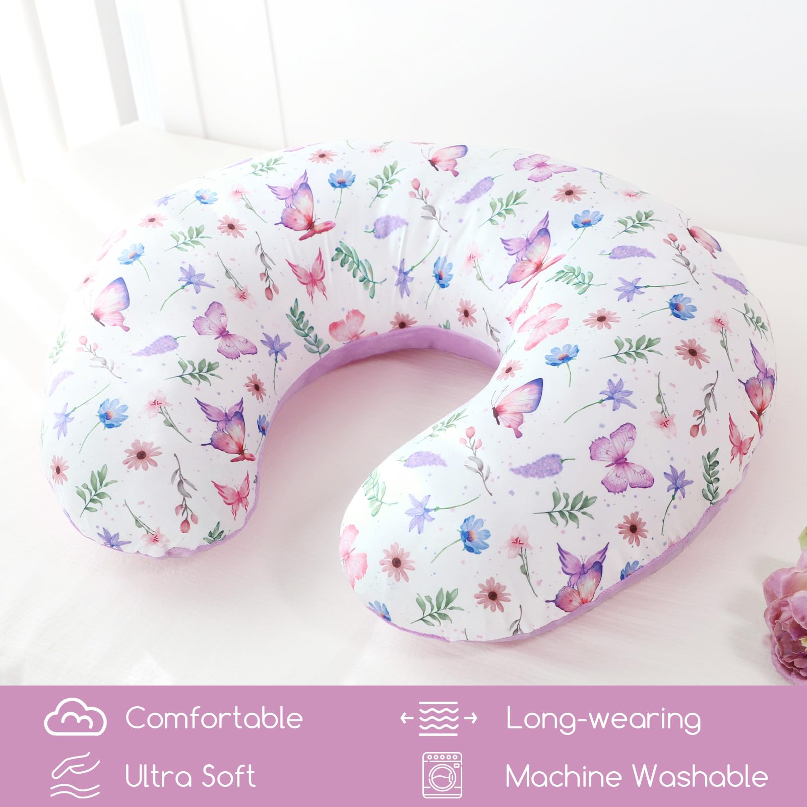 Pea Pod nursing pillow cover in soft minky fabric feels gentle against skin.