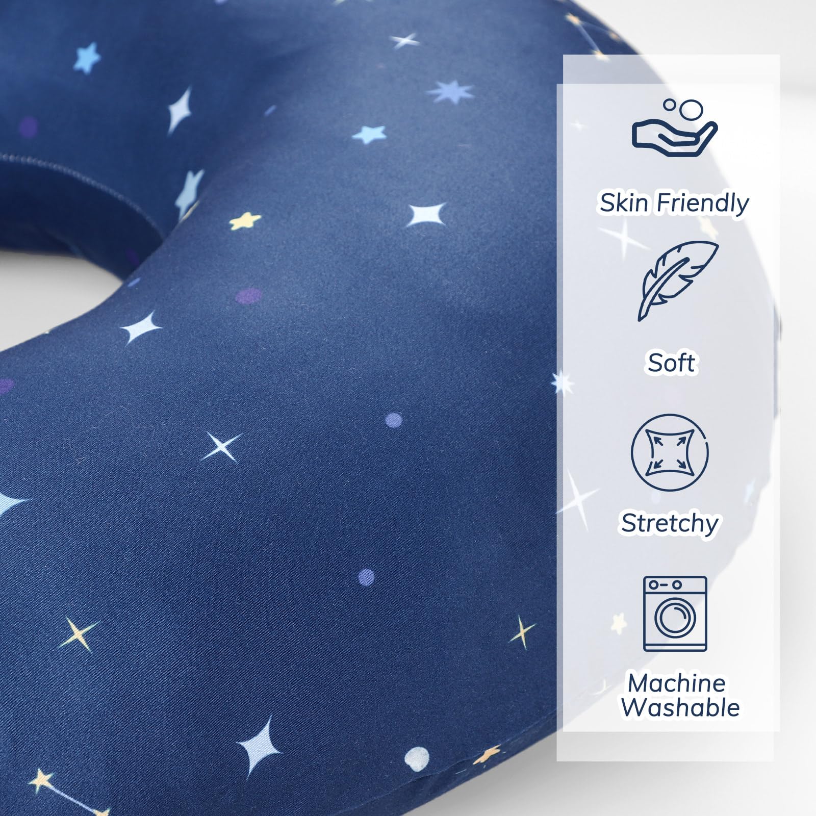 Pea Pod nursing pillow cover stretchy fabric demonstrates snug fit.