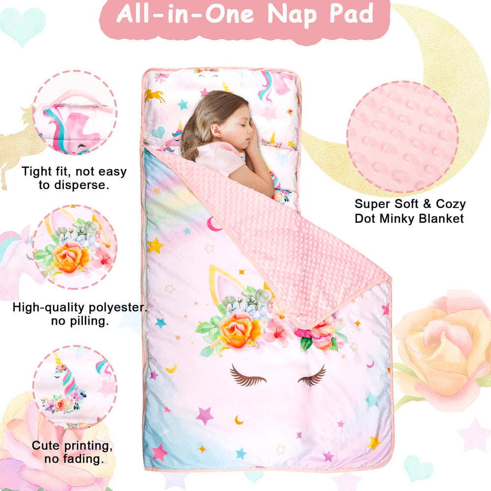 Pea Pod nap mat with removable pillow for personalized comfort.