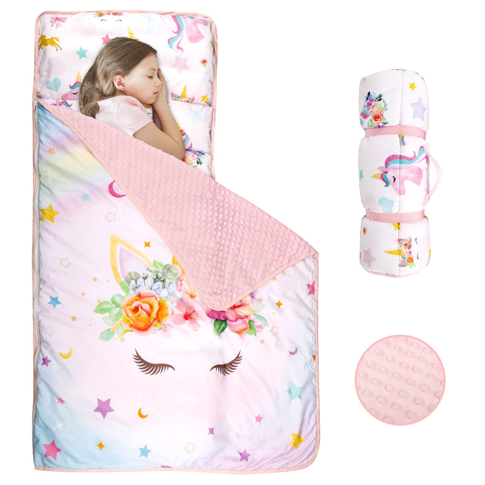 Pea Pod toddler nap mat roll-up closure for easy transport and storage.
