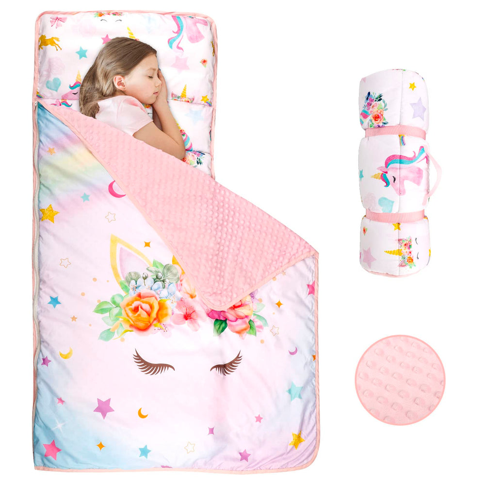 Pea Pod toddler nap mat roll-up closure for easy transport and storage.