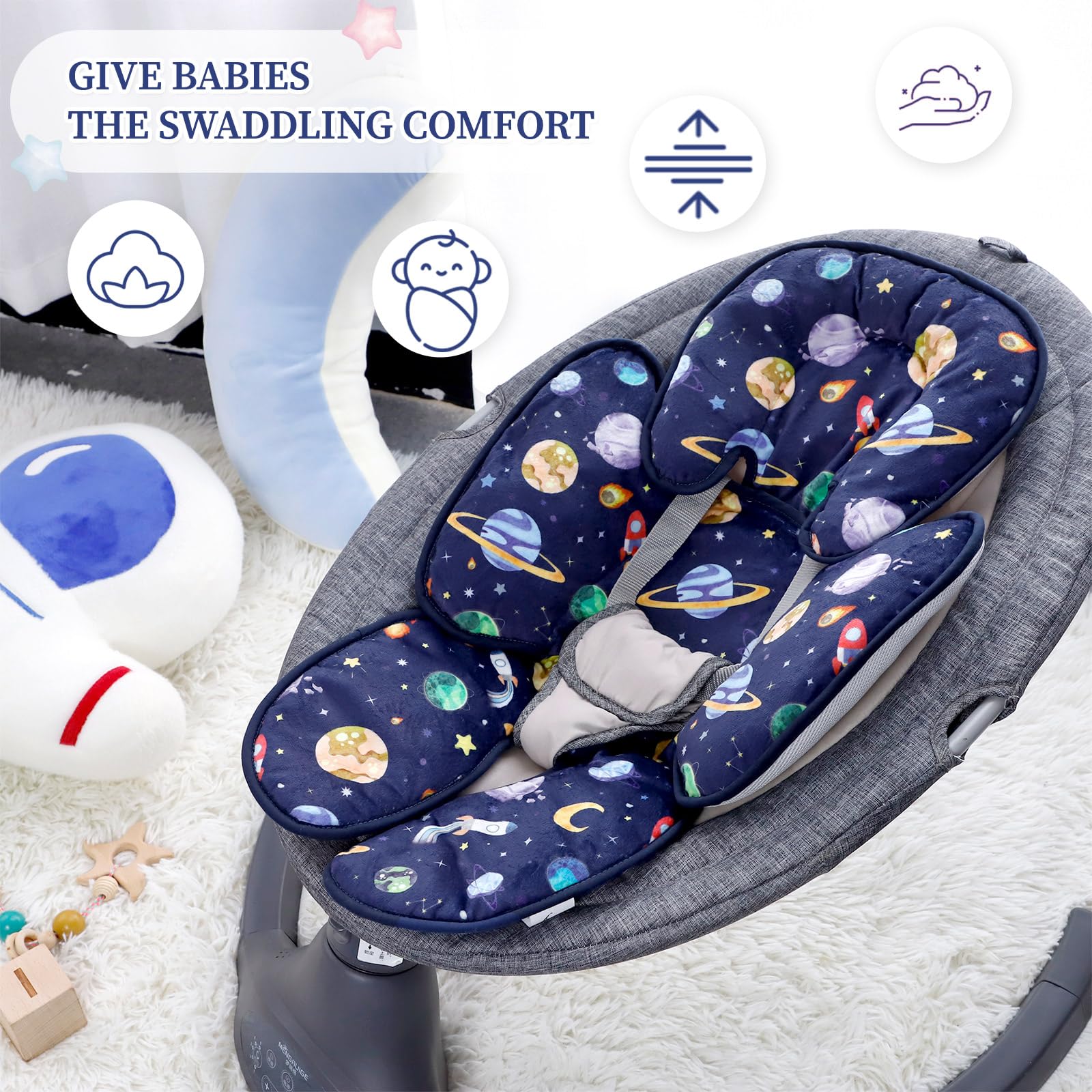 Two-sided use Pea Pod cushion blends mesh and flannel for versatility in blue space.