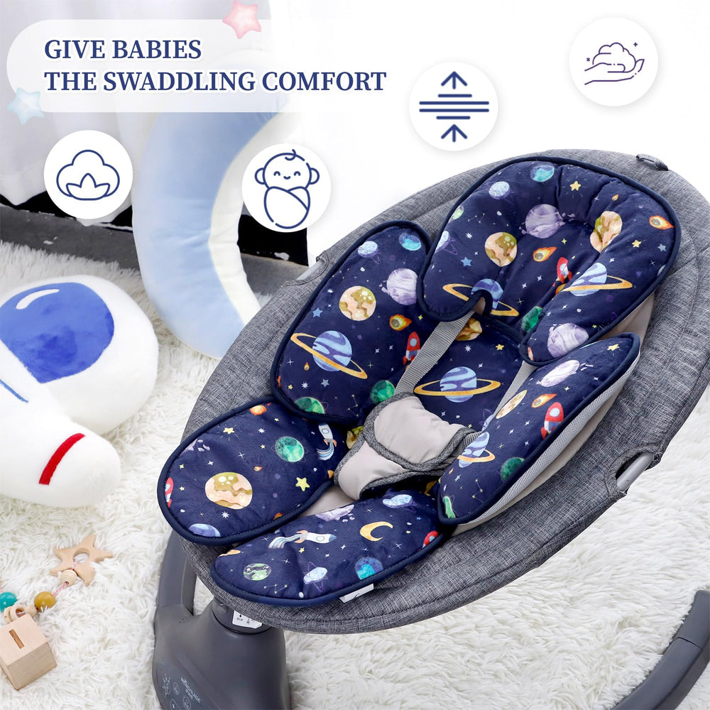 Two-sided use Pea Pod cushion blends mesh and flannel for versatility in blue space.