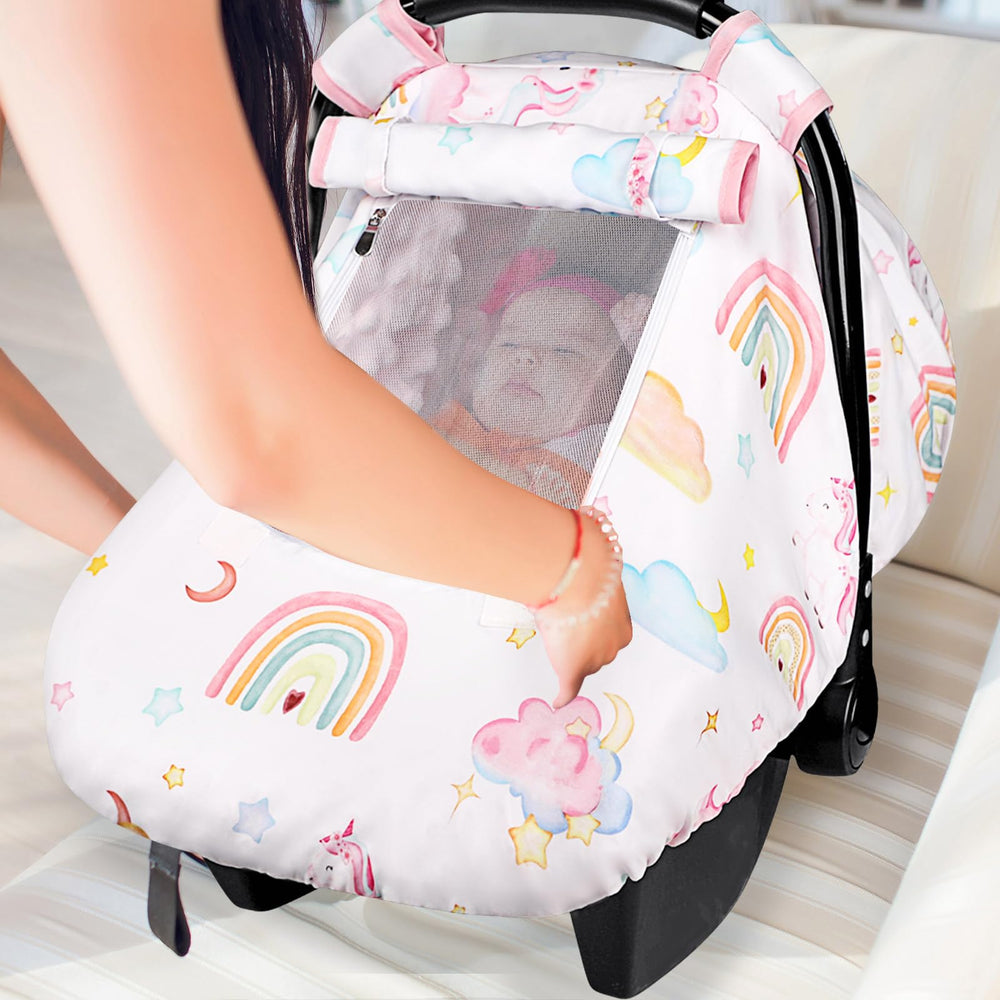 Pea Pod unicorn car seat cover uses Velcro and loops for easy attachment.