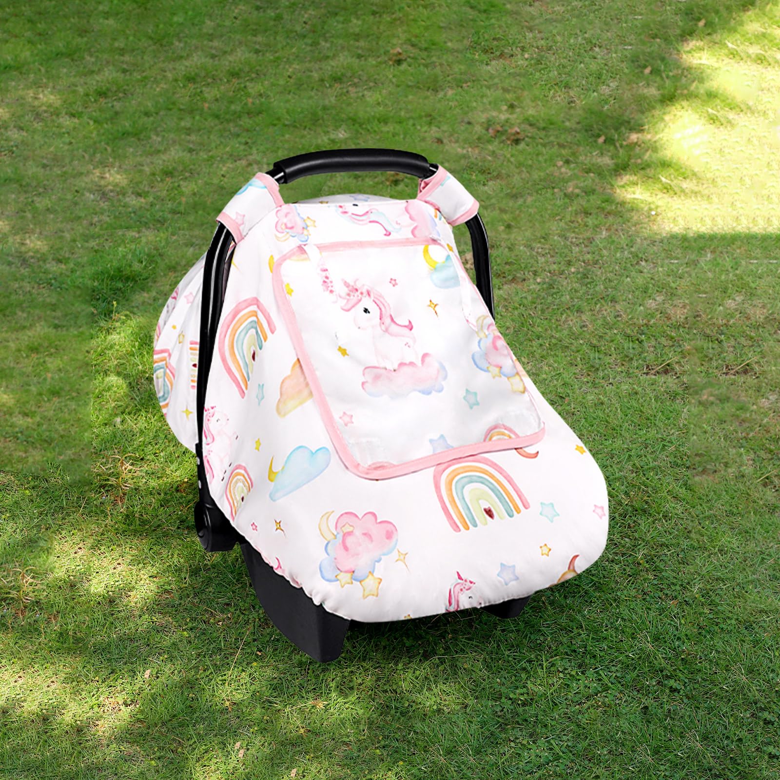 Pea Pod unicorn car seat cover folds into a compact travel bag.