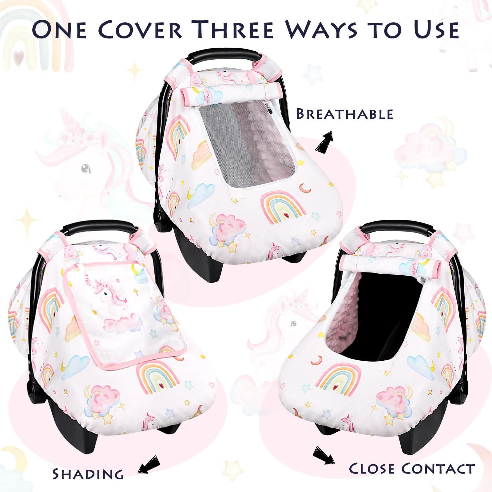 Pea Pod unicorn car seat cover features soft Minky dot backing against baby skin.