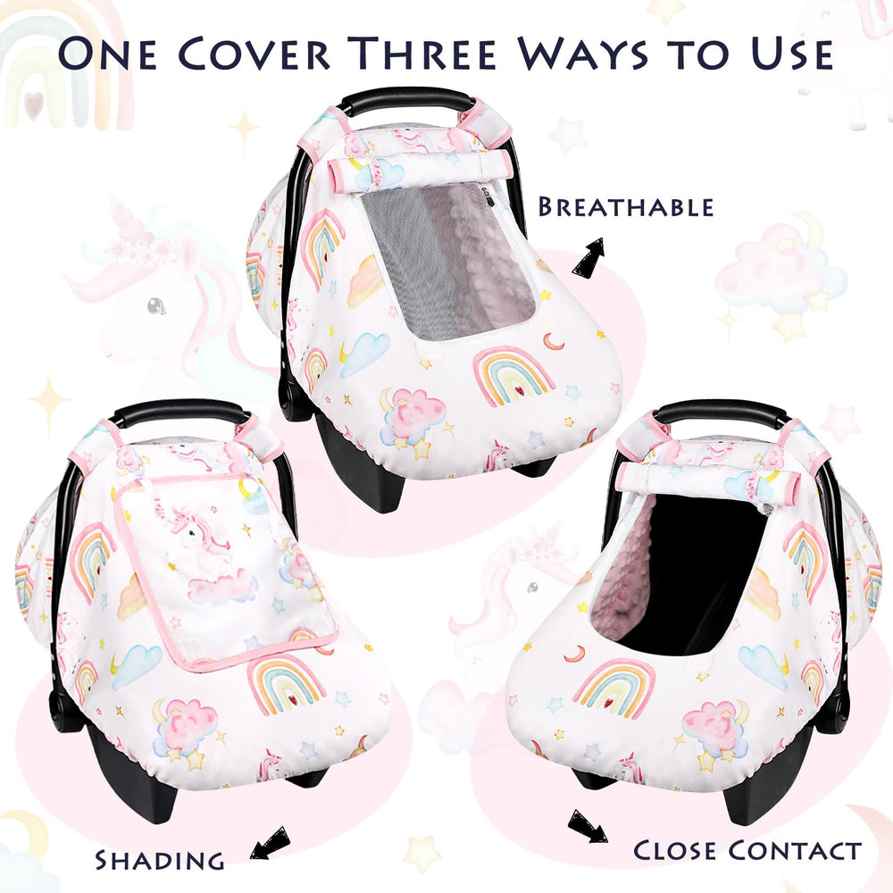 Pea Pod unicorn car seat cover features soft Minky dot backing against baby skin.
