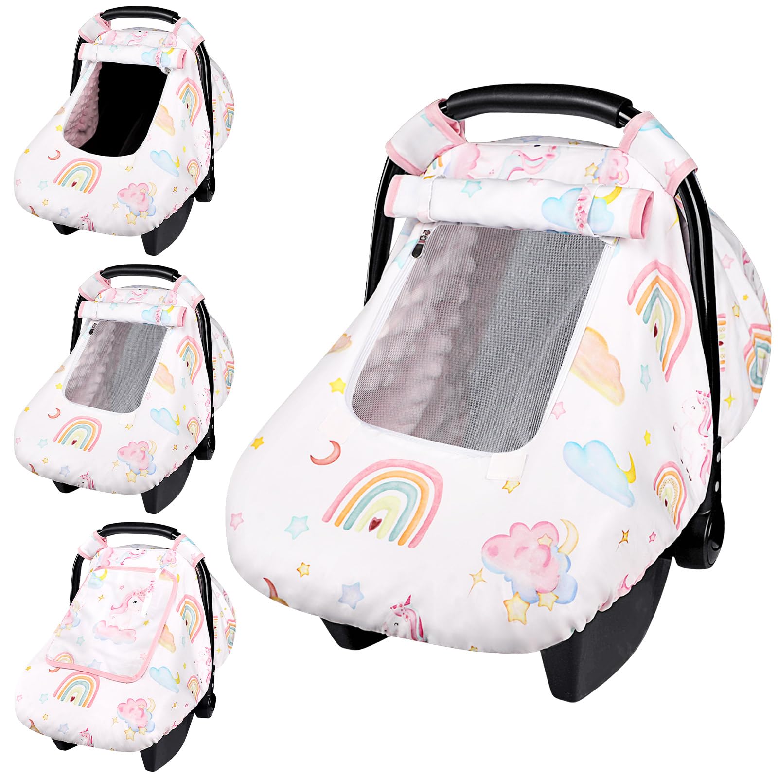 Pea Pod unicorn car seat cover with breathable mesh window for airflow.