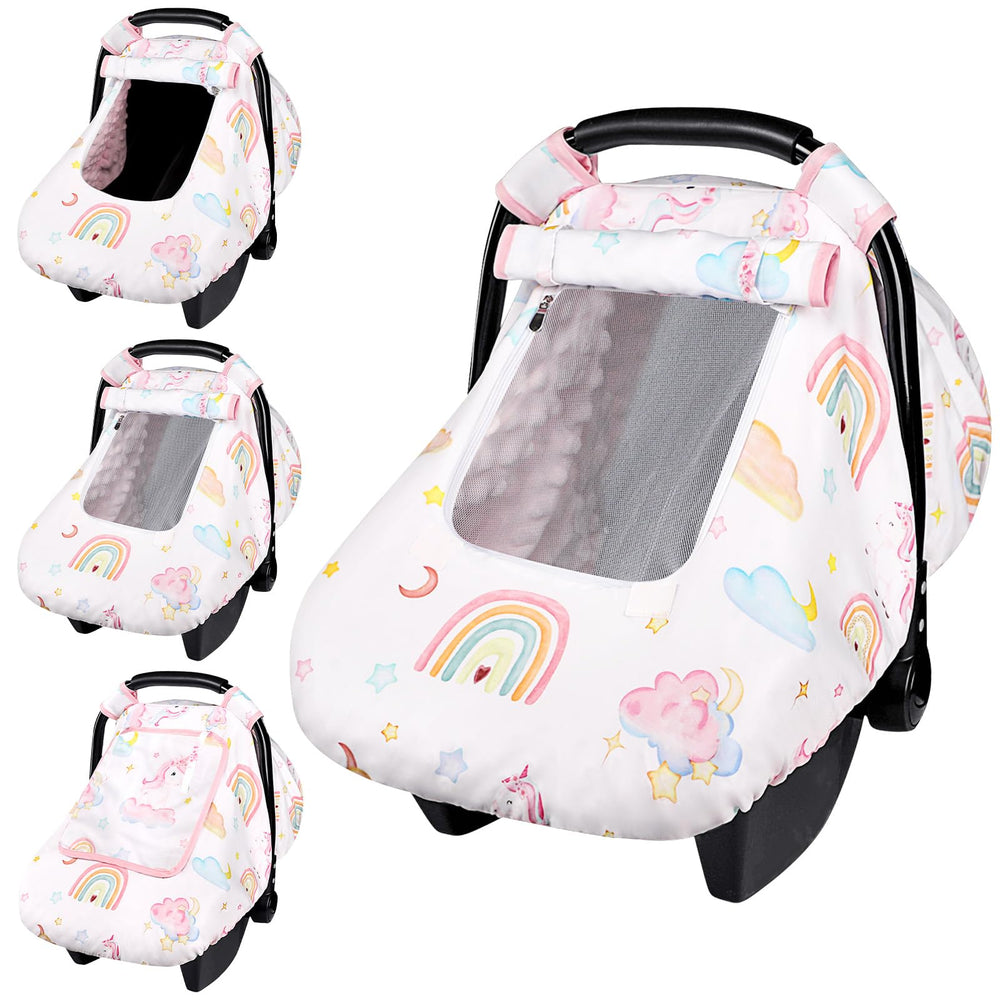 Pea Pod unicorn car seat cover with breathable mesh window for airflow.