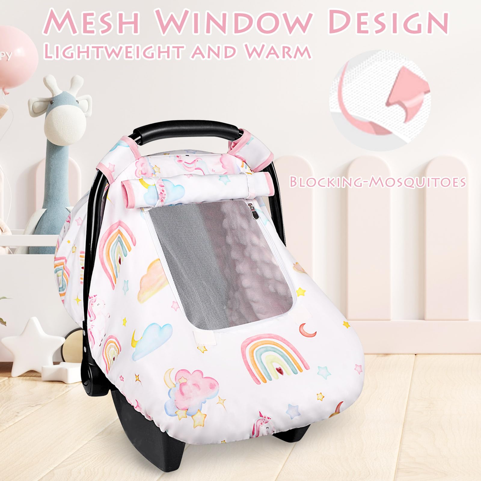 Pea Pod unicorn car seat cover displays a playful unicorn and rainbow print.