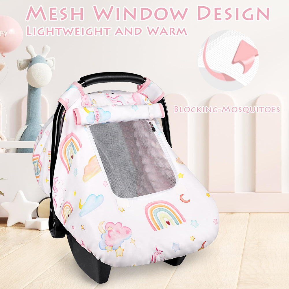 Pea Pod unicorn car seat cover displays a playful unicorn and rainbow print.