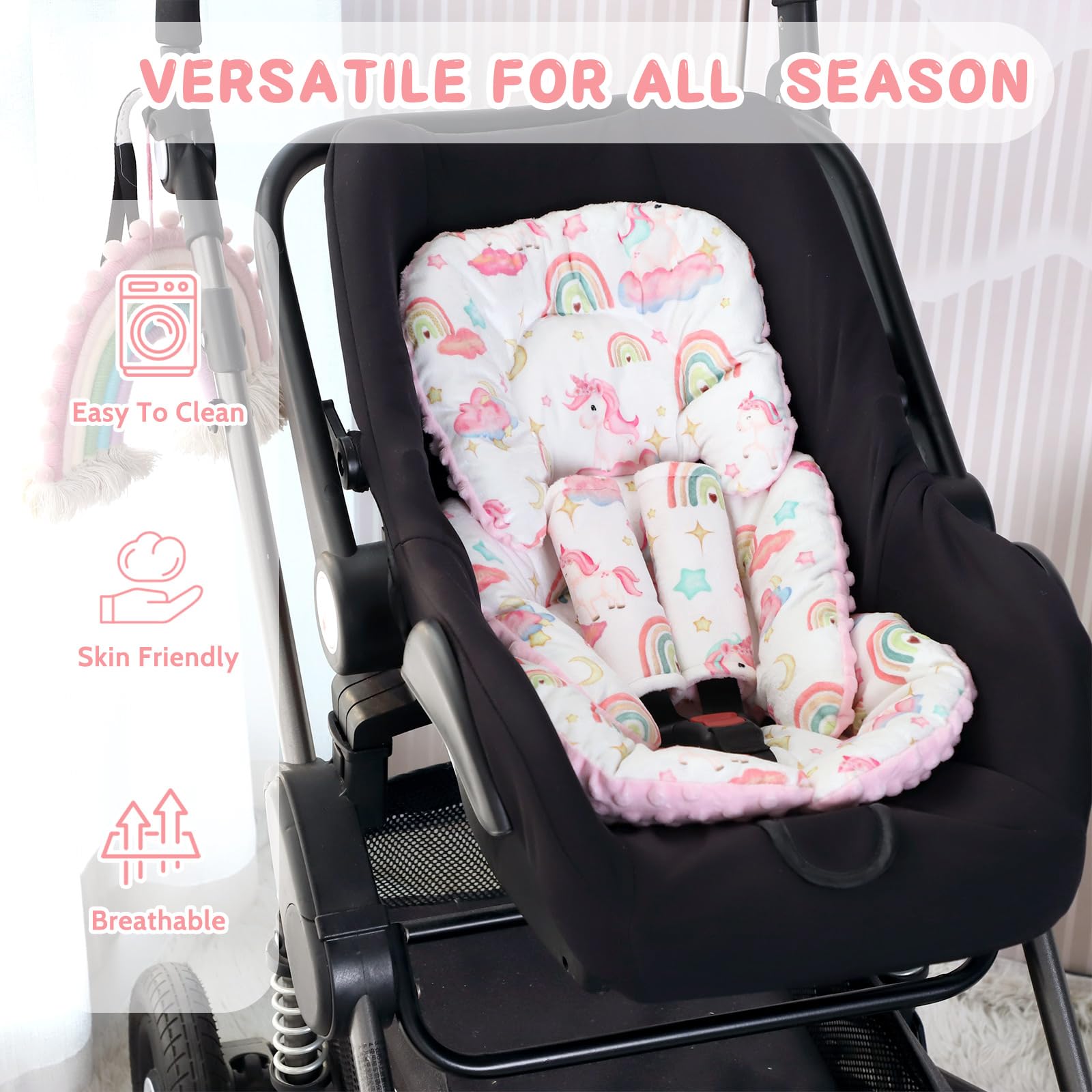 Pea Pod universal fit car seat and stroller image illustrating flexibility.