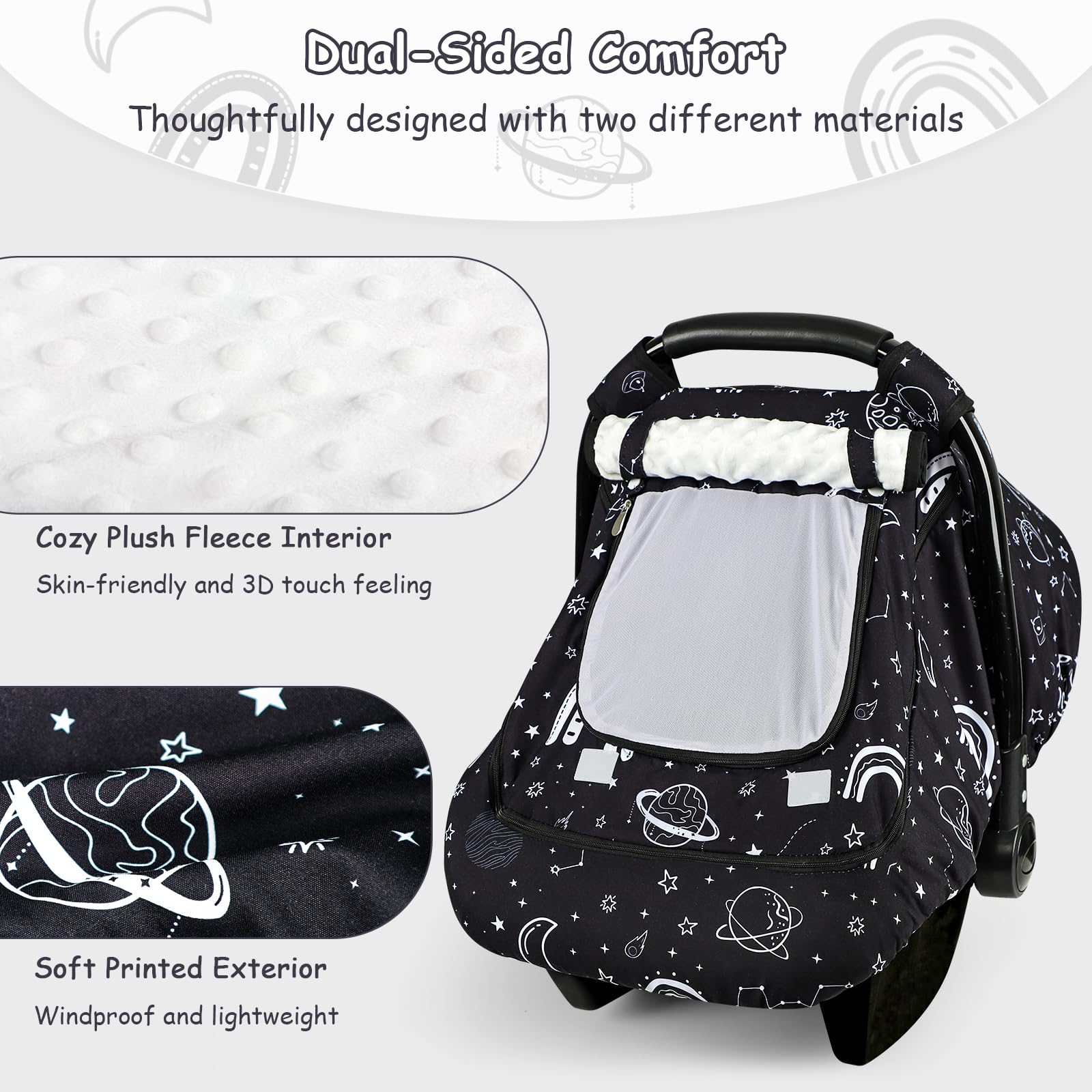 Pea Pod winter car seat cover elastic hem creates a snug draft-free seal