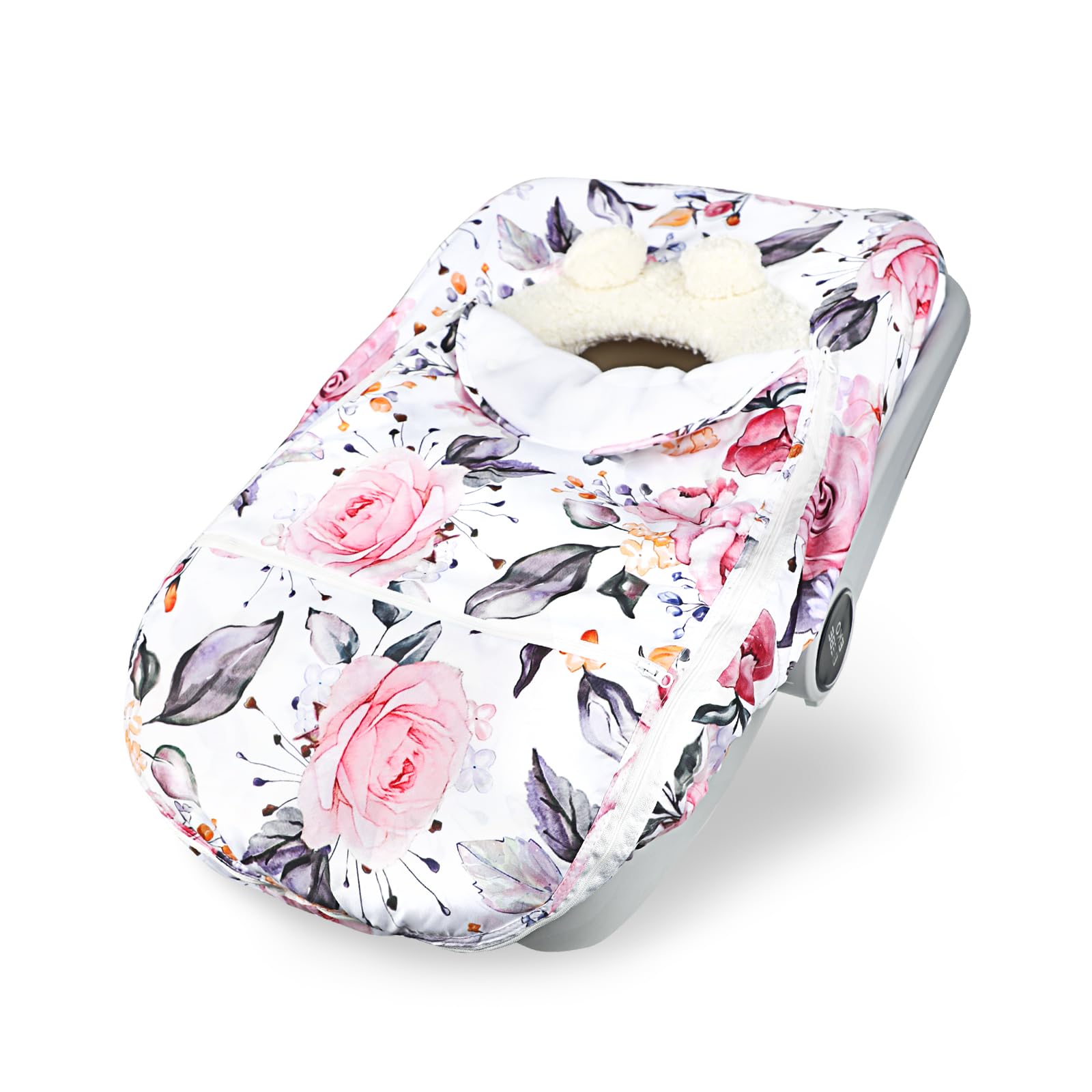 Pea Pod winter car seat cover with floral top removable for seasonal versatility.