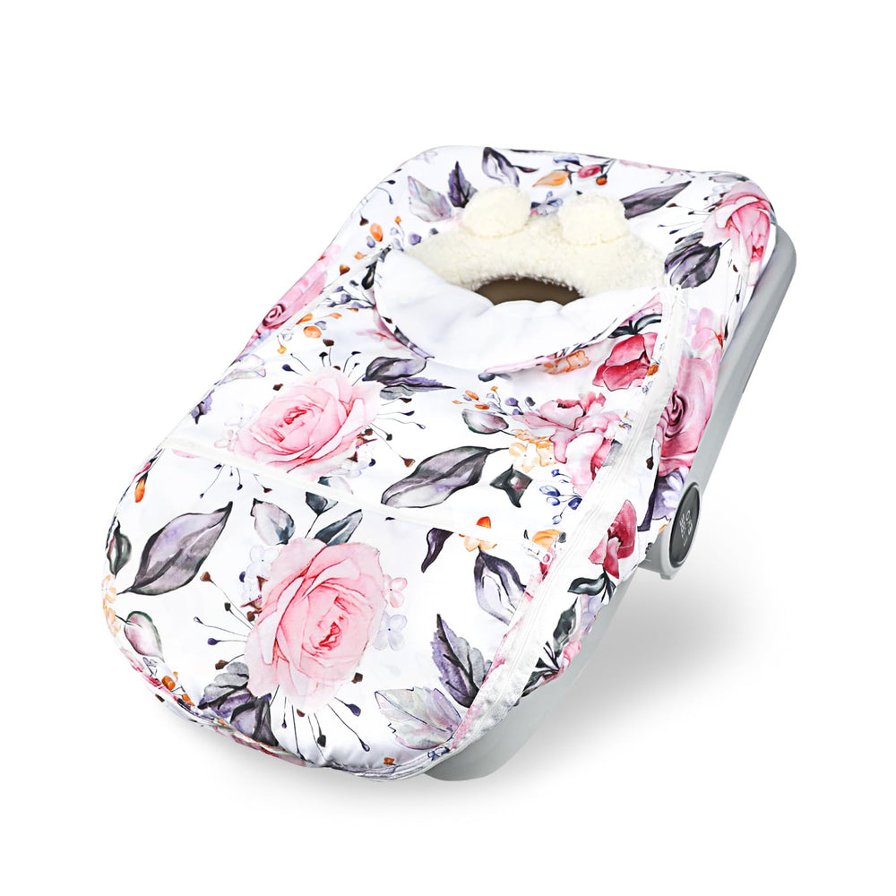 Pea Pod winter car seat cover with floral top removable for seasonal versatility.