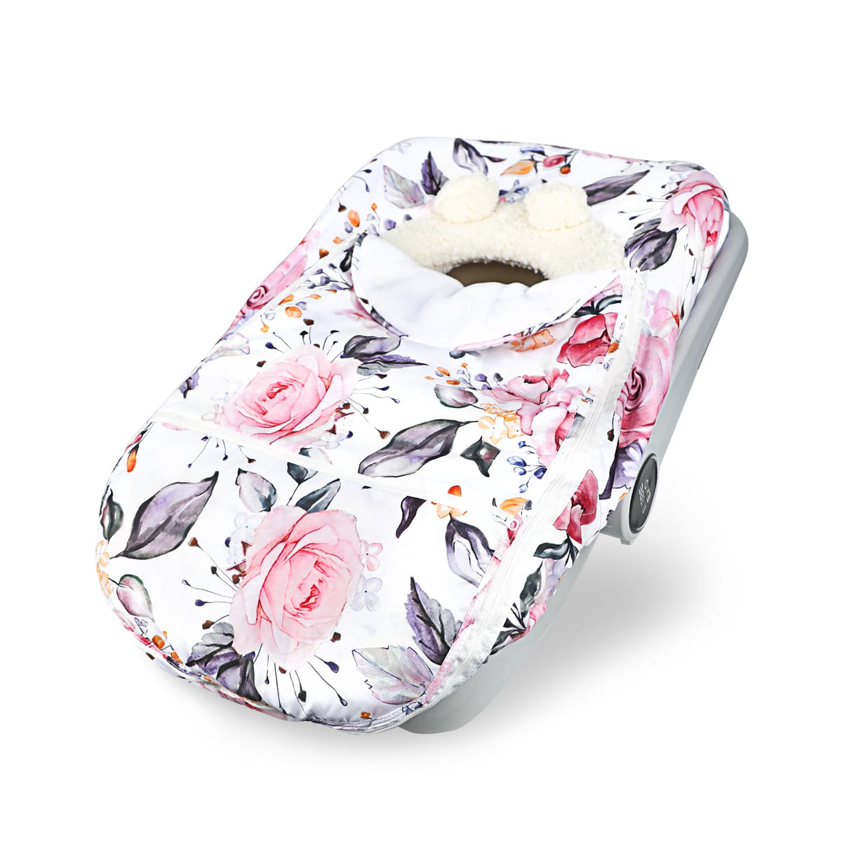 Pea Pod winter car seat cover with floral top removable for seasonal versatility.
