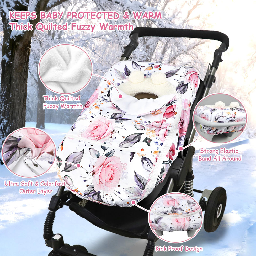 Pea Pod winter car seat cover with plush fleece inner for baby warmth.