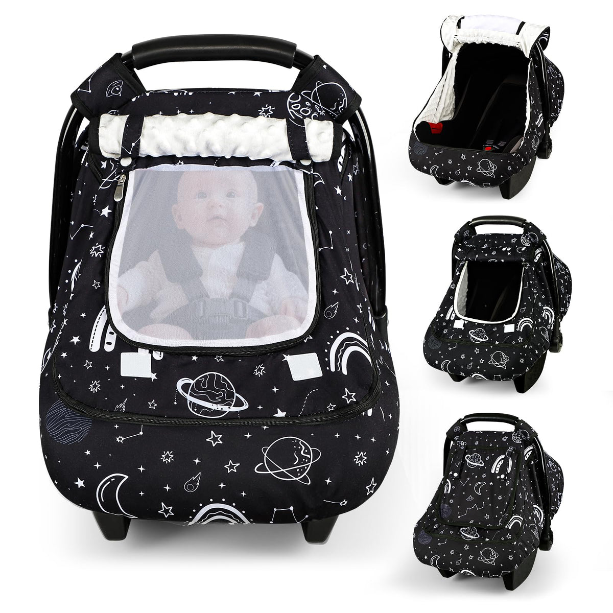Pea Pod winter car seat cover sunshade provides gentle shade for peaceful naps