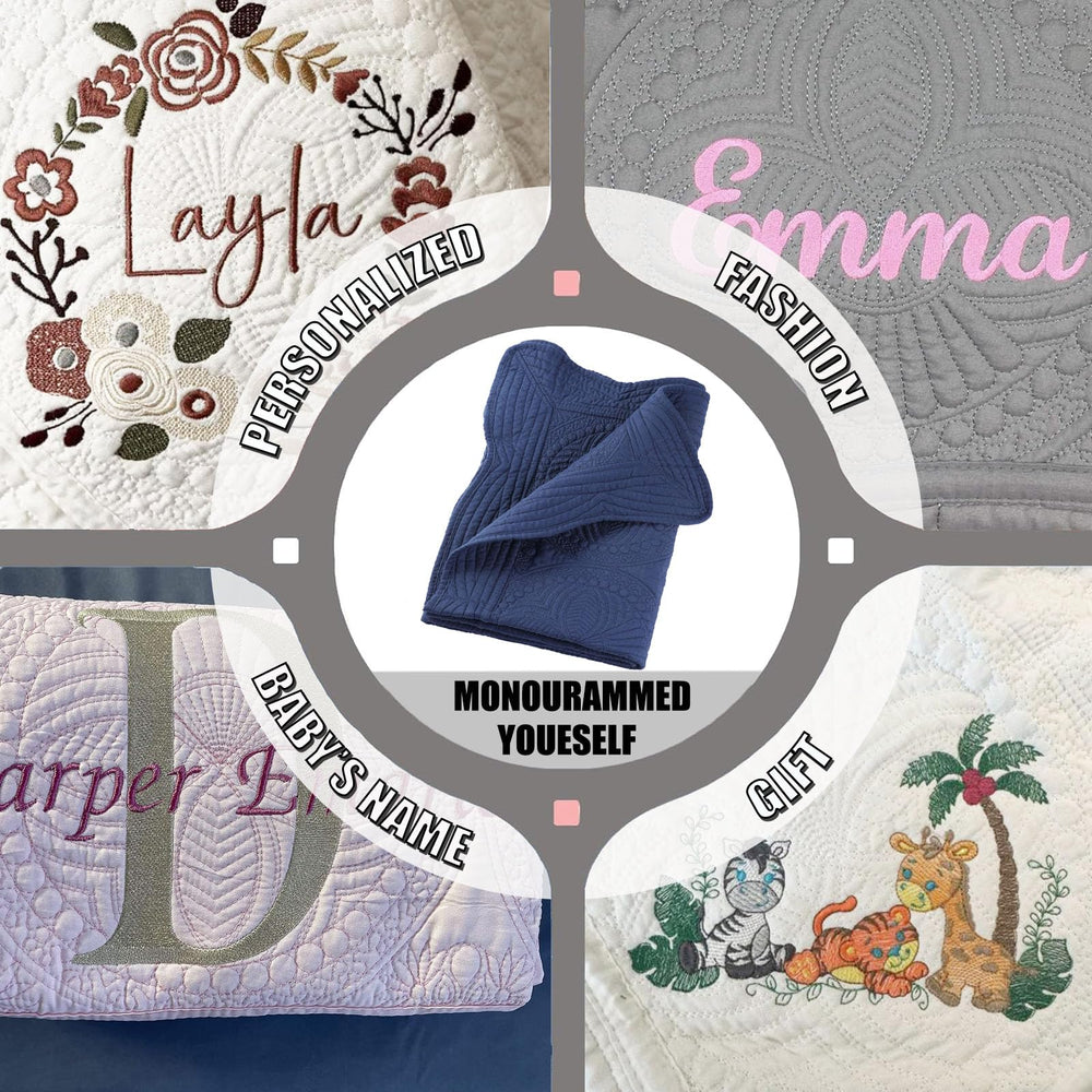 PEACELOVER baby quilt navy on bedside demonstrates year-round use.