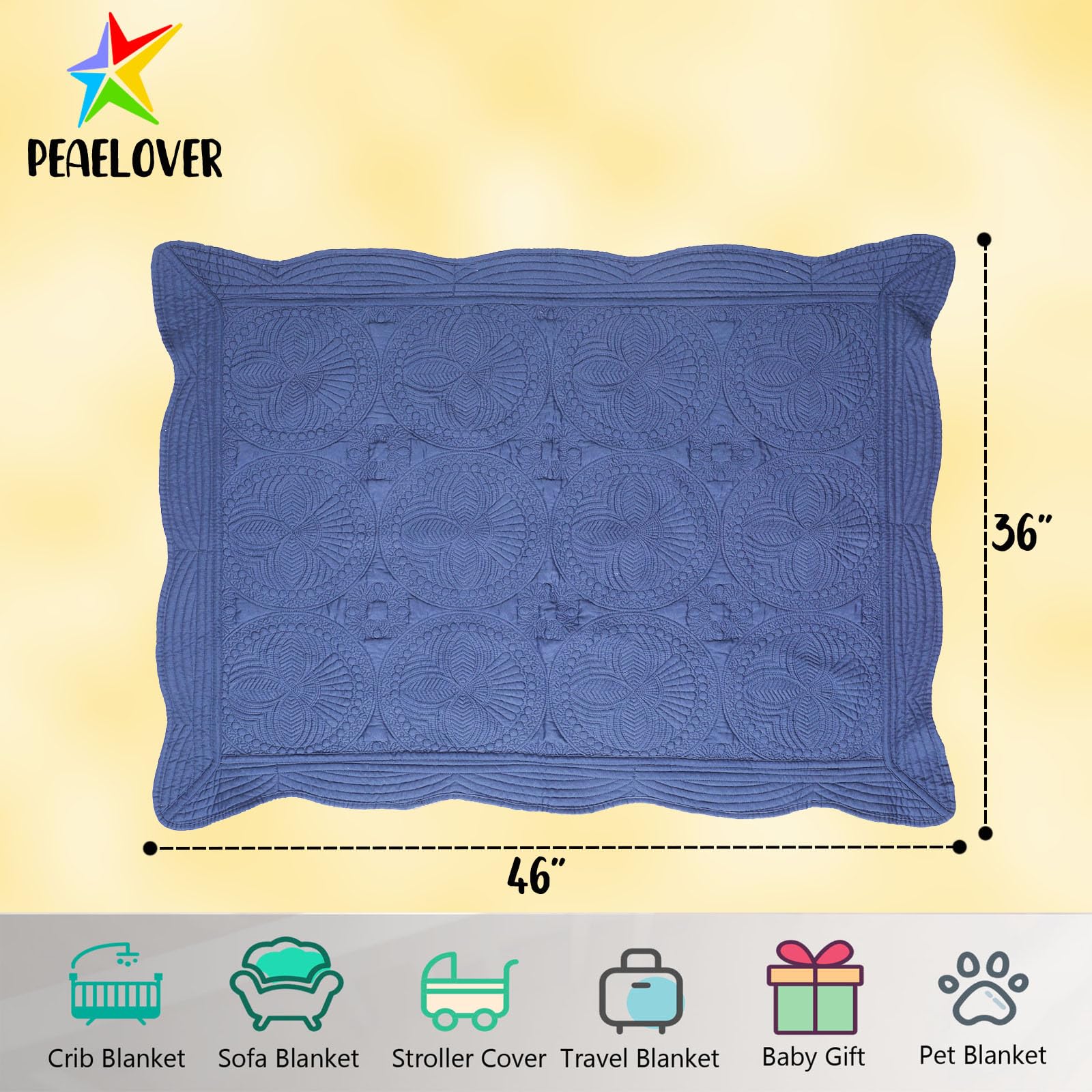 PEACELOVER embossed neutral baby quilt navy straight-on view highlights size.