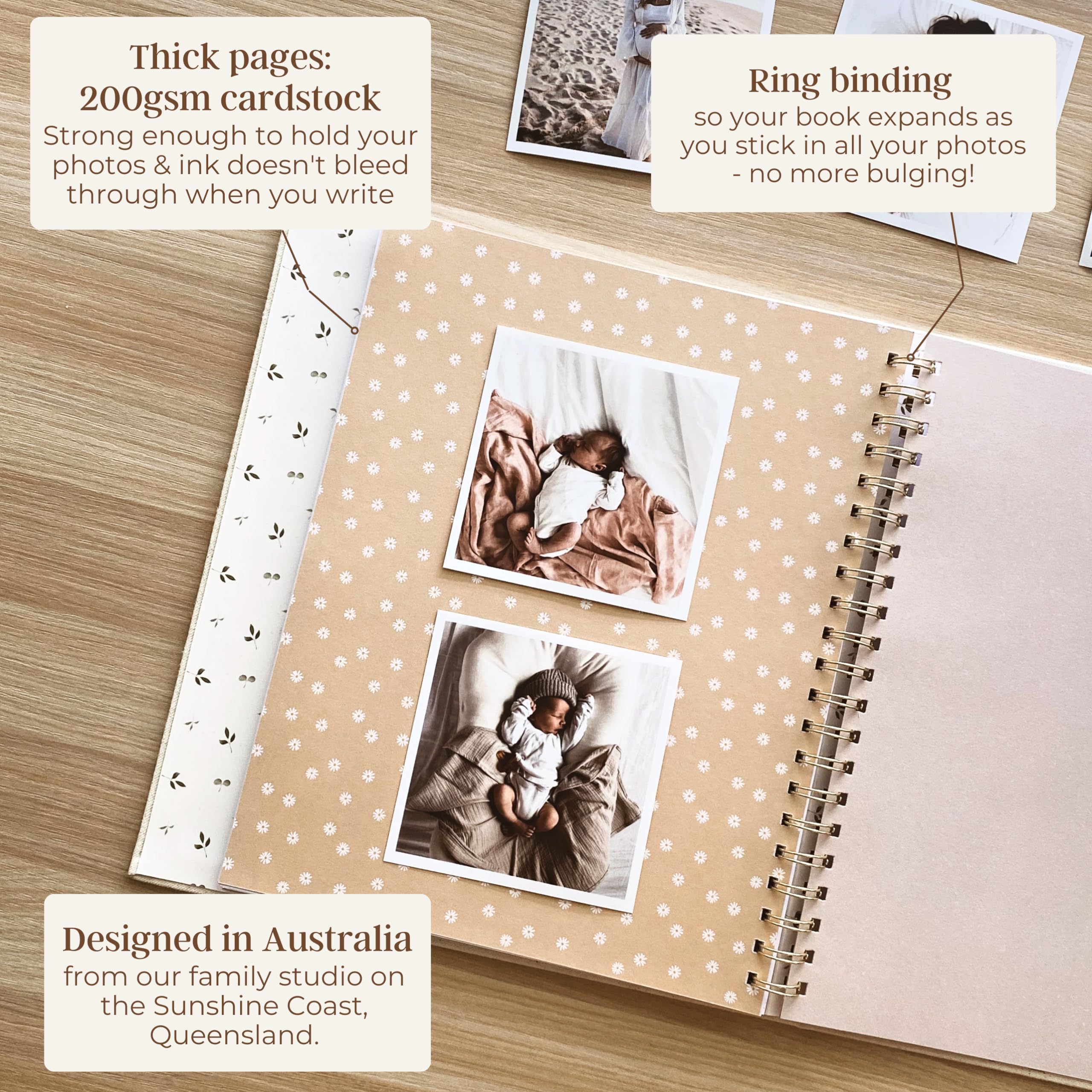 Peachly Baby Memory Book gold stamping on linen adds timeless detail.