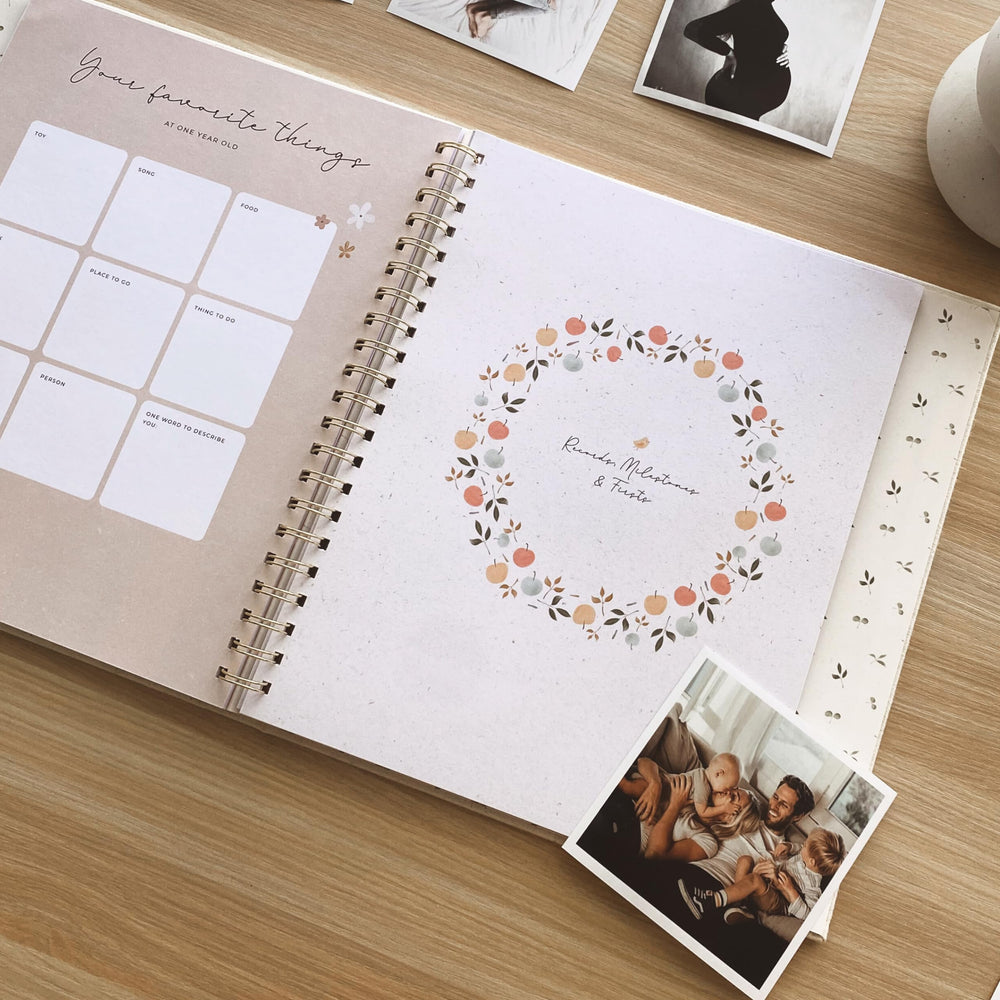 Peachly Baby Memory Book 6x6 keepsake envelope included for memory keepsakes.