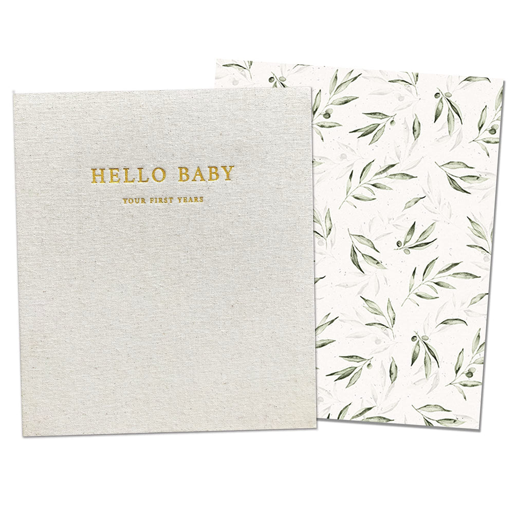 Peachly baby memory book olive cover close-up showing premium linen texture for lasting keepsakes