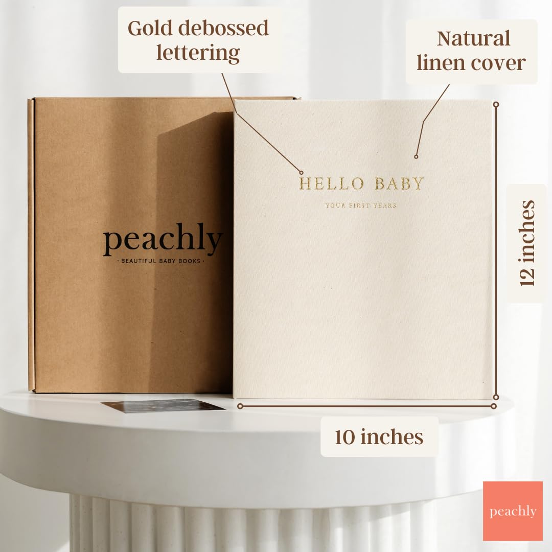 Peachly baby memory book front view with olive cover and minimalist design