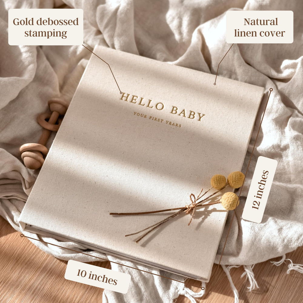 Peachly Baby Memory Book open prompts guide milestone storytelling.