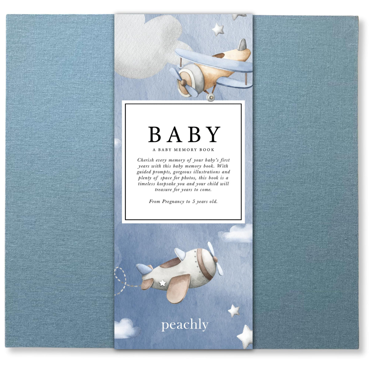 Peachly Finn blue cover with linen texture offers a durable keepsake for memories.