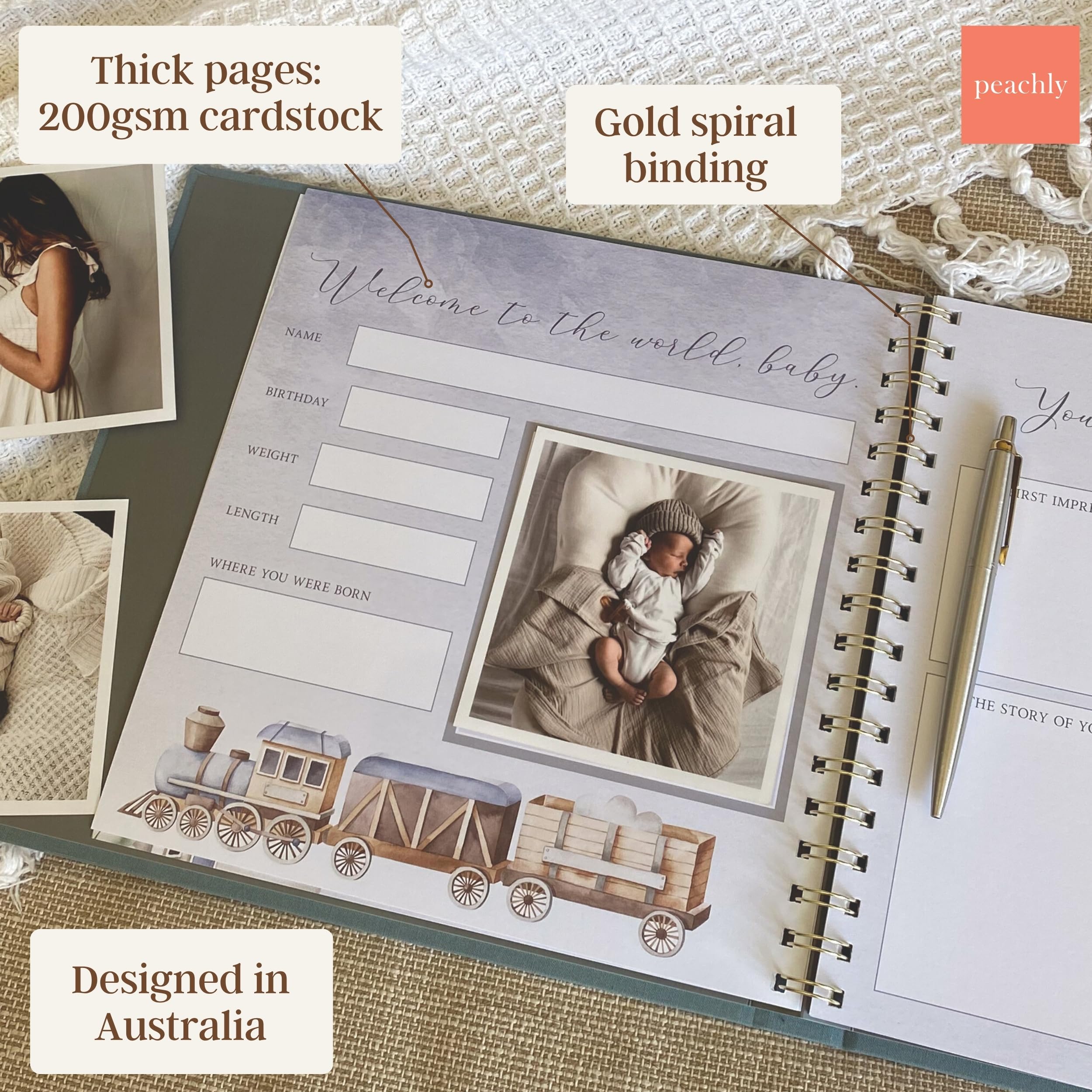 Peachly Finn gray linen cover adds elegant, durable presentation for a cherished keepsake.